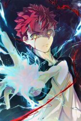 1boy absurdres blood blood_on_face emiya_shirou fate/stay_night fate_(series) hand_up highres jacket magic magic_circuit male_focus nadenadesuki red_hair shirt solo yellow_eyes