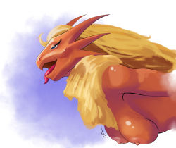 1girl blaziken blonde_hair blue_background blue_eyes breasts female_focus furry furry_female gen_3_pokemon half-closed_eyes hanging_breasts hattonslayden implied_sex large_breasts long_hair motion_lines nintendo nipples nude open_mouth original pokemon pokemon_(creature) simple_background solo tongue tongue_out upper_body