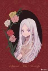 1girl earrings edelgard_von_hresvelg fire_emblem fire_emblem:_three_houses flower happy_birthday highres jewelry lace long_hair nintendo purple_eyes rerain shirt white_hair yellow_shirt