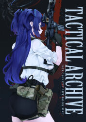 1girl absurdres ar-15 ass assault_rifle black_gloves black_shorts blue_archive breasts camouflage commentary_request english_text fte_(fifteen_199) gloves gun halo highres holster long_hair m4_carbine mechanical_halo purple_hair rifle shirt shorts solo thigh_holster trigger_discipline two_side_up weapon white_shirt woodland_camouflage yuuka_(blue_archive)