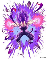 1boy absurdres artist_name aura bare_shoulders boots commentary commission debris dragon_ball dragon_ball_super english_commentary floating full_body gloves highres horang4628 incoming_attack jumpsuit looking_at_viewer male_focus muscular muscular_male no_eyebrows official_alternate_costume outstretched_arms purple_eyes purple_hair smirk solo spiked_hair twitter_username ultra_ego_(dragon_ball) vegeta watermark white_gloves widow&#039;s_peak