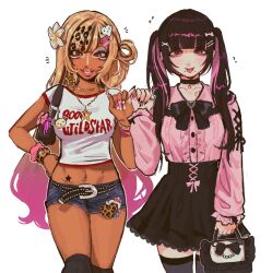 2girls aegyo_sal bag belt belt_charm black_belt black_bow black_bowtie black_hair black_skirt blonde_hair bow bowtie character_charm charm_(object) clothes_writing commentary couple crop_top dark-skinned_female dark_skin denim denim_shorts english_commentary fashion fingernails flower gradient_hair gyaru gyaru_makeup hair_flower hair_ornament hairclip handbag hello_kitty hello_kitty_(character) highlighter_(makeup) highres jirai_kei korilakkuma long_fingernails long_hair looking_at_viewer midriff multicolored_hair multiple_girls original pink_hair pink_shirt san-x sanrio sauvievie0 shirt shorts simple_background skirt standing tan tattoo thighhighs twintails very_long_hair white_background white_shirt yuri zettai_ryouiki