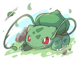 absurdres animal_focus bright_pupils bulbasaur claws closed_mouth fangs flower gen_1_pokemon highres nintendo no_humans nostrils petals pokemon poyo_party razor_leaf_(pokemon) red_eyes rock smile solo vine_whip white_flower white_pupils