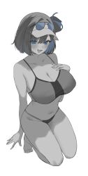 Rule 34 | 1girl, absurdres, black survival, blue hair, blush, breasts, cleavage, debi (black survival), eternal return: black survival, eyewear on head, full body, hair bun, hand on own chest, highres, kneeling, navel, open mouth, panties, short hair, simple background, single side bun, smile, solo, sports bra, spot color, sunglasses, underwear, visor cap, white background, yep (37004185)