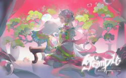 1girl ahoge aqua_bracelet artist_name bonsai boots bracelet bubble chinese_clothes cleavage_cutout closed_mouth clothing_cutout collared_dress dress dress_flower expressionless eyelashes flower frilled_dress frills full_body green_eyes grey_hair hagoromo hair_flower hair_ornament high_collar highres holding_kite jewelry juliet_sleeves kite kneeling lolita_fashion long_sleeves original pink_background pink_flower puffy_sleeves qi_lolita sample_watermark shawl short_hair solo thigh_boots watermark white_boots white_dress white_sleeves wide_sleeves yunouou10