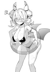 Rule 34 | 1girl, bikini, blush, breasts, cowboy shot, demon girl, demon horns, drill hair, duel monster, edobox, greyscale, highres, horns, large breasts, letter, love letter, monochrome, pointy ears, simple background, solo, swimsuit, twin drills, white background, yu-gi-oh!