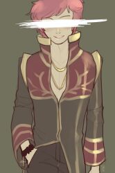 1boy black_coat censored censored_identity coat commentary cowboy_shot english_commentary gold_trim grey_background hand_in_pocket jewelry long_sleeves male_focus memoryjoule multicolored_coat necklace pink_hair priest_(ragnarok_online) ragnarok_online red_coat short_hair simple_background smile solo two-tone_coat