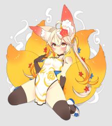 1girl ahoge animal_ear_fluff animal_ears arm_support black_gloves black_thighhighs blush breasts brown_eyes brown_hair china_dress chinese_clothes dress elbow_gloves fox_ears fox_girl fox_tail gloves highres kneeling leaning_back long_hair multiple_tails no_panties original shoes sleeveless sleeveless_dress smile solo spread_legs tail thighhighs thighs toconikky twintails white_dress white_shoes