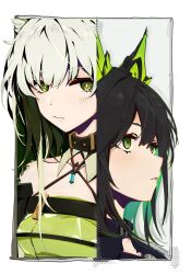 Rule 34 | 2girls, absurdres, animal ears, arknights, bare shoulders, black hair, blush, border, bright pupils, commentary, diamond-shaped pupils, diamond (shape), green eyes, grey hair, hair between eyes, halftone, halterneck, highres, kal&#039;tsit (arknights), long hair, looking ahead, looking at viewer, material growth, mon3tr (arknights), multiple girls, oripathy lesion (arknights), outside border, parted lips, shio sakana, symbol-shaped pupils, white border, white pupils