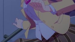 1boy 1girl animated anime_screenshot banana blonde_hair food fruit karin_istel kashiwagi_asahi renai_flops school_uniform sound suggestive_food suggestive_look tagme tent video