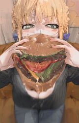 1girl absurdres black_sweater blonde_hair blue_bow bow breasts burger cheese cleavage couch eating food grey_hair hair_bow highres holding holding_burger holding_food large_breasts le_(szs0k) lettuce original red_eyes sesame_seeds sidelocks sitting sliced_cheese solo sweater tomato tomato_slice