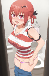 Rule 34 | 1girl, absurdres, bat hair ornament, blue pants, blush, breasts, clothes pull, fang, gabriel dropout, hair ornament, hair rings, highres, large breasts, low ponytail, open mouth, panties, pants, pants pull, pink panties, poa mellhen, ponytail, red hair, satanichia kurumizawa mcdowell, shirt, solo, striped clothes, striped panties, striped tank top, tank top, toilet, underwear