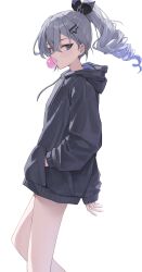 1girl alternate_costume blowing_bubbles chewing_gum dawon drill_hair drill_ponytail grey_eyes grey_hair highres honkai:_star_rail honkai_(series) long_sleeves silver_wolf_(honkai:_star_rail) simple_background single_drill solo sweater white_background