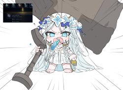 1girl barefoot blue_eyes braid chibi dokomon doll_joints elden_ring elden_ring_nightreign emphasis_lines flower_wreath game_screenshot game_screenshot_inset hammer head_wreath highres holding holding_hammer huge_weapon joints low_twin_braids over_shoulder revenant_(elden_ring) solo twin_braids veil weapon weapon_over_shoulder white_background white_hair white_veil