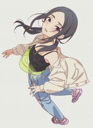 1girl akebi-chan_no_serafuku black_camisole black_eyes black_hair blue_pants blush camisole commentary denim earrings fanny_pack film_grain flat_chest from_above full_body hari611 hebimori_oshizu highres jacket jeans jewelry leg_up long_hair looking_at_viewer open_clothes open_jacket open_mouth pants parted_bangs purple_sandals sandals simple_background solo white_background white_jacket
