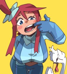 Rule 34 | 1girl, beak, bird, blue eyes, blue gloves, blush stickers, breasts, crop top, finger in own mouth, gen 5 pokemon, gloves, highres, large breasts, long hair, long sleeves, looking at viewer, nintendo, notus 49, open mouth, pokemon, pokemon (creature), pokemon bw, red hair, simple background, skyla (pokemon), swanna, teeth, tongue, tongue out, wings, yellow background