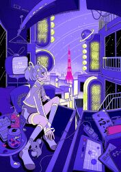 1girl arm_between_legs boots city_lights cityscape crt drink drinking_straw ear_piercing from_side full_body hair_between_eyes high_collar highres jacket long_hair long_sleeves mouse_(animal) nakazawa_ayami neon_lights neon_sign night night_sky original piercing ponytail purple_boots purple_hair purple_shirt purple_shorts purple_sky see-through_clothes see-through_jacket shirt shorts sitting sky skyline solo star_(sky) tokyo_tower