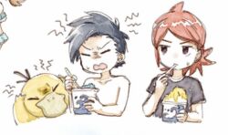 2boys alternate_costume asuka_rkgk black_hair closed_eyes collarbone commentary_request cowlick eating ethan_(pokemon) food gen_1_pokemon holding male_focus medium_hair multiple_boys nintendo open_mouth parted_bangs pokemon pokemon_(creature) pokemon_hgss psyduck red_hair shaved_ice shirt short_sleeves silver_(pokemon) sweatdrop topless_male