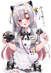 1girl alternate_costume apron camera commentary enmaided hashtag-only_commentary highres holding holding_camera holding_photo hololive horns long_hair maid maid_apron maid_headdress multicolored_hair nakiri_ayame ohagetty oni photo_(object) red_eyes red_hair short_sleeves simple_background solo streaked_hair virtual_youtuber white_background white_hair