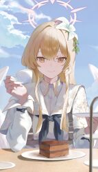 1girl black_neckerchief blonde_hair blue_archive blue_sky cake cake_slice closed_mouth cloud commentary cup dress elbow_on_table food halo highres holding holding_cup holding_plate long_hair looking_at_viewer mingyueqf nagisa_(blue_archive) neckerchief pink_halo plate school_uniform sky smile solo symbol-only_commentary teacup upper_body white_dress yellow_eyes