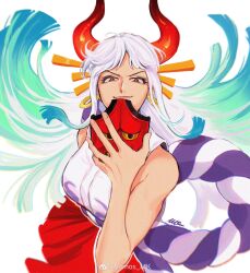 1girl absurdres aqua_hair blue_hair blunt_ends breasts brown_eyes curled_horns earrings gold_earrings gradient_hair green_hair hair_ornament hair_stick hakama hakama_skirt highres holding holding_mask hoop_earrings horns japanese_clothes jewelry kimono long_hair looking_at_viewer mask medium_breasts multicolored_hair one_piece oni oni_mask orange_horns parted_bangs red_horns red_mask red_skirt rope shimenawa sidelocks signature simple_background skirt sleeveless sleeveless_kimono smile solo toned toned_female unworn_mask vamos_mk white_background white_hair yamato_(one_piece)