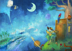 1girl absurdres animal bird crescent_moon door eyeball fantasy female_focus full_body grass green_hair hat hat_ribbon highres jinguuji_(jinguji443) komeiji_koishi meteor moon night night_sky outdoors outstretched_arms palm_tree parrot planet planetary_ring plant ribbon road_sign saturn_(planet) shirt short_hair sign skirt sky solo space standing star_(sky) starry_sky stop_sign surreal third_eye touhou tree walking water waterfall