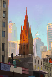 absurdres angelasungart apartment building church city crane_(machine) day highres no_humans original road scenery street traffic_mirror utility_pole