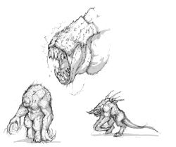 Rule 34 | cyl1981, fiend (quake), greyscale, highres, monochrome, monster, no humans, open mouth, quake (series), quake 1, shambler, sharp teeth, simple background, sketch, teeth, white background