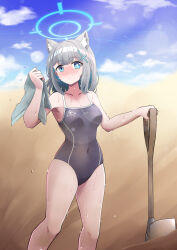 1girl absurdres abydos_high_school_swimsuit animal_ear_fluff animal_ears black_one-piece_swimsuit blue_archive blue_eyes blue_halo blue_sky breasts cloud competition_school_swimsuit covered_navel cross day desert drawing_rak extra_ears feet_out_of_frame grey_hair halo highres inverted_cross medium_breasts medium_hair mismatched_pupils one-piece_swimsuit outdoors school_swimsuit shiroko_(blue_archive) shovel sky solo sweat swimsuit wolf_ears wolf_girl
