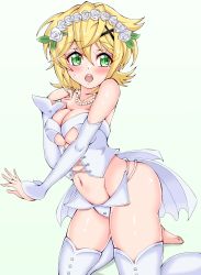 1girl akatsuki_kirika bare_shoulders blonde_hair breasts cleavage clothing_cutout cowboy_shot cross-laced_clothes cross-laced_cutout cross-laced_top embarrassed female_focus flower freedom green_eyes groin hair_flower hair_ornament highres looking_to_the_side medium_breasts navel open_mouth panties revealing_clothes senki_zesshou_symphogear shiny_skin short_hair solo thighhighs underwear white_panties white_thighhighs x_hair_ornament