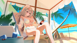 1girl absurdres azur_lane beach bikini blue_sky bottle breasts brown_eyes brown_hair chinese_commentary commentary_request day eyewear_on_head feet_out_of_frame frilled_bikini frills highres holding holding_bottle large_breasts lion_(azur_lane) lion_(the_reclining_dandelion)_(azur_lane) long_hair looking_at_viewer navel official_alternate_costume orange-tinted_eyewear palm_tree reaching reaching_towards_viewer sitting sky smile solo surfboard swimsuit thunder-35 tinted_eyewear tree white_bikini