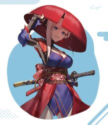 1girl adjusting_clothes adjusting_headwear asymmetrical_hair blue_eyes blue_kimono earrings fate/grand_order fate_(series) floral_print hiiragi_(karashriker) japanese_clothes jewelry katana kimono leaf_earrings magatama miyamoto_musashi_(fate) obi obijime pink_hair print_kimono red_sash sandogasa sash shadow sheath sheathed short_kimono single_sidelock sleeveless sleeveless_kimono solo swept_bangs sword weapon