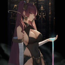 Rule 34 | 1girl, absurdres, ancient egyptian, bandaged arm, bandages, bare shoulders, black dress, breasts, brown hair, collarbone, dress, earrings, groin, hieroglyphics, highres, horus (mythology), jewelry, large breasts, long hair, looking at viewer, original, pelvic curtain, purple hair, romana, sleeveless, sleeveless dress, smile, solo, twintails, yellow eyes