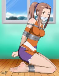absurdres arms_behind_back bdsm bondage bound bound_ankles bound_arms bound_wrists breasts brown_eyes brown_hair cloth_gag digimon digimon_adventure_tri. gag gagged highres improvised_gag legs looking_at_viewer medium_breasts cloth_gag shadow_xcp tachikawa_mimi thighs