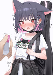 Rule 34 | 1girl, 1other, @ @, ^^^, absurdres, arm at side, black choker, black hair, blue archive, blunt bangs, blunt ends, blush, choker, clothes around waist, collarbone, colored inner animal ears, colored inner hair, commentary, controller, cowboy shot, ear blush, earclip, earrings, embarrassed, extra ears, eyelashes, guitar case, hair behind ear, hair ornament, hairclip, halo, hand up, highres, holding, holding remote control, implied masturbation, implied vibrator, instrument case, jewelry, kazusa (band) (blue archive), kazusa (blue archive), looking at viewer, medium hair, multicolored hair, nose blush, official alternate costume, open mouth, pink hair, pink halo, pov, pov hands, red eyes, remote control, shirt, short sleeves, simple background, solo focus, stud earrings, sweat, symbol-only commentary, t-shirt, tsurime, twitching, two-tone hair, wendao, white background, white shirt
