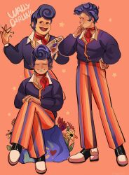 Rule 34 | 1boy, anessthetic, blue hair, colored skin, crossed legs, highres, looking at viewer, male focus, multicolored pants, pants, phone, pompadour, sitting, solo, wally darling, welcome home (arg), yellow skin