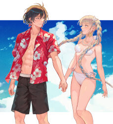Rule 34 | 1boy, 1girl, abs, absurdres, alternate costume, alternate hairstyle, arm at side, bikini, black hair, black male swimwear, blue hair, blue sky, braid, braided twintails, breasts, closed mouth, cloud, constantine xi (fate), couple, dnstar 1019, earrings, eye contact, fate/grand order, fate (series), floral print, grey eyes, grey hair, hair between eyes, hair ornament, halterneck, hawaiian shirt, hetero, highres, holding hands, jewelry, johanna (fate), letterboxed, long hair, looking at another, male swimwear, multicolored eyes, multicolored hair, necklace, open clothes, open shirt, outline, outside border, pearl necklace, print shirt, purple eyes, red shirt, shell, shell bikini, shirt, short hair, short sleeves, sky, small breasts, smile, standing, starfish hair ornament, streaked hair, swim trunks, swimsuit, toned, toned male, twintails, two-tone eyes, white bikini, white outline, yellow eyes