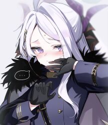 1girl ahoge black_coat black_gloves black_halo blue_archive blush coat coat_on_shoulders demon_girl demon_horns felnemo gloves halo highres hina_(blue_archive) horns long_hair looking_at_viewer purple_eyes solo upper_body white_hair