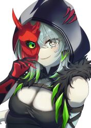 1girl absurdres arm_under_breasts black_coat breasts cleavage closed_mouth coat diabellstar_the_black_witch duel_monster earrings grey_eyes grey_hair hair_between_eyes half_mask highres hikage_(hikage_mono) jewelry large_breasts mask simple_background smile solo white_background yu-gi-oh!