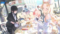 6+girls absurdres ahoge animal_ear_fluff animal_ears anti-materiel_rifle asuna_(blue_archive) asuna_(school_uniform)_(blue_archive) bare_shoulders bird black_hair black_halo black_jacket black_pantyhose black_shirt black_shoes black_skirt black_socks blonde_hair blue_archive blue_cardigan blue_eyes blue_halo blue_ribbon blue_sailor_collar blue_skirt blunt_bangs blush braid cake cardigan cityscape closed_eyes closed_mouth colored_inner_hair copyright_notice dark-skinned_female dark_skin dessert detached_sleeves dress extra_ears flower food forehead fox_ears fox_girl fox_tail grin gun gun_sling hair_between_eyes hair_flower hair_ornament hair_over_one_eye halo highres holding holding_gun holding_teapot holding_weapon holster huge_ahoge jacket karin_(blue_archive) karin_(school_uniform)_(blue_archive) kneehighs locked_arms long_hair multicolored_hair multiple_girls nagomi_naka neru_(blue_archive) neru_(school_uniform)_(blue_archive) official_alternate_costume official_art open_mouth pantyhose pink_eyes purple_hair purple_halo red_eyes red_hair red_halo ribbon rifle rio_(blue_archive) sailor_collar seia_(blue_archive) shirt shoes short_hair single_braid sitting skirt sleeves_past_wrists smile sniper_rifle socks standing standing_on_one_leg swiss_roll tail teapot thigh_holster trinity_student_(blue_archive) turtleneck turtleneck_shirt two-tone_hair waving weapon white_dress white_flower white_shirt yellow_eyes yellow_halo