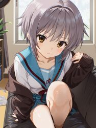 1girl backlighting black_cardigan blue_sailor_collar blue_skirt blush breasts brown_eyes cardigan closed_mouth collarbone commentary couch danraz0r day feet_out_of_frame foreshortening grey_hair hair_intakes highres indoors kita_high_school_uniform knee_up long_sleeves looking_at_viewer miniskirt nagato_yuki on_couch open_cardigan open_clothes sailor_collar school_uniform serafuku shirt short_hair sitting skirt sleeves_past_wrists small_breasts solo split_mouth suzumiya_haruhi_no_yuuutsu twitter_username white_shirt window