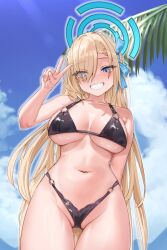 1girl alternate_costume arm_behind_back asuna_(blue_archive) bikini black_bikini blonde_hair blue_archive blue_eyes blue_halo blue_sky breasts breasts_apart cloud commentary_request day eyes_visible_through_hair grin hair_over_one_eye halo hand_up highres korean_commentary large_breasts long_hair looking_at_viewer navel o-ring o-ring_bikini outdoors sky smile solo stomach swimsuit tokuya v very_long_hair