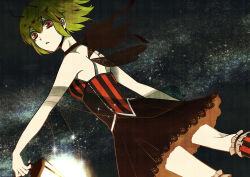 1girl antennae ayuli bare_back bare_shoulders bug dress firefly green_hair hair_between_eyes holding holding_lantern insect lace_trim lantern original pale_skin red_eyes ribbon short_hair solo sparkle wings