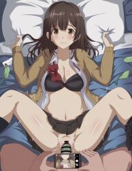 Rule 34 | 1boy, 1girl, absurdres, bar censor, black bra, black panties, black skirt, bra, breasts, brown cardigan, camera, cardigan, cellphone, censored, cleavage, clothes lift, commentary, condom, condom on penis, english commentary, eufoniuz, hetero, hige wo soru. soshite joshikousei wo hirou., highres, id card, implied prostitution, looking at viewer, m legs, medium breasts, motion lines, multiple condoms, ogiwara sayu, open clothes, open shirt, paid reward available, panties, panties around leg, penis, phone, pillow, pillow grab, plaid clothes, plaid skirt, pov, pov crotch, pussy, recording, revision, school uniform, sex, skirt, skirt lift, smartphone, spread legs, underwear, used condom, vaginal