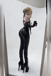 1girl 2025 absurdres arm_up ass black_choker black_gloves black_pants black_shoes blonde_hair breasts choker collared_shirt commentary cosplay cosplay_photo elbow_gloves english_commentary evelyn_chevalier evelyn_chevalier_(cosplay) facing_away female_focus full_body gloves hand_up high-waist_pants high_heels highres holding holding_phone kltt3y knife large_breasts legs_together mirror necktie pants partially_fingerless_gloves phone photo_(medium) platform_heels real_life reflection shirt shoes short_hair sideboob single_elbow_glove sleeveless sleeveless_shirt solo standing thick_thighs thighs tight_clothes tight_pants white_background white_shirt yellow_necktie zenless_zone_zero