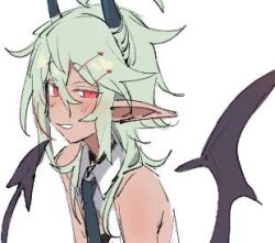 1boy androgynous azuma_shino black_wings dark_skin green_hair horns long_ears lowres necktie pointy_ears red_eyes sketch tail white_background wings yomu_(azuma_shino)