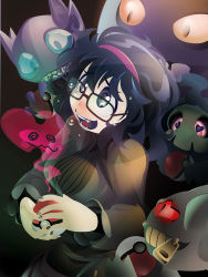 1girl @_@ banette black-framed_eyewear black_dress black_sweater breasts commentary_request dress duskull gen_1_pokemon gen_3_pokemon gen_7_pokemon gengar glasses hairband heart hex_maniac_(pokemon) highres holding holding_poke_ball long_hair medium_breasts messy_hair mimikyu nintendo open_mouth pink_hairband poke_ball pokemon pokemon_(creature) pokemon_xy purple_eyes purple_hair rectangular_eyewear ribbed_sweater sableye sweater upper_body yukiman