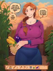1girl absurdres basket blue_skirt braid braided_ponytail breasts bright_pupils brown_hair corn day diforland eggplant english_text gameplay_mechanics highres holding holding_basket jewelry jodi_(stardew_valley) large_breasts long_hair looking_at_viewer mature_female necklace outdoors plant purple_eyes purple_shirt shirt skirt solo speech_bubble stardew_valley white_pupils