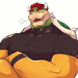 1boy bara biceps black_shirt bowser covered_collarbone covered_pectorals crossed_arms fangs furry furry_male highres horns looking_at_viewer male_focus mario_(series) muscular muscular_male nintendo open_mouth pectorals puff_of_air red_hair shirt smile spiked_shell white_background wristband yowasabimechaoc