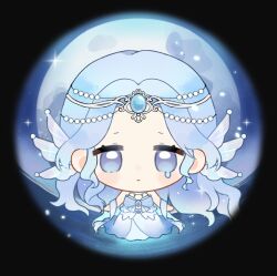 1girl baonu_de_zhanshen_caibutou bare_arms bare_shoulders beads black_border blue_eyes blue_gemstone blue_hair blue_shirt blue_skirt blush_stickers border chibi circlet closed_mouth clothing_cutout eyelashes fins forehead frilled_shirt frills frown full_moon gem hair_beads hair_ornament head_fins highres infinity_nikki jewelry light_particles long_hair long_skirt mermaid_costume moon necklace night nikki_(series) ocean outdoors round_border sad shirt skirt snowy_ballad_(infinity_nikki) solo sparkle standing standing_on_liquid stomach_cutout straight-on striped_clothes striped_shirt teardrop tearing_up very_long_hair